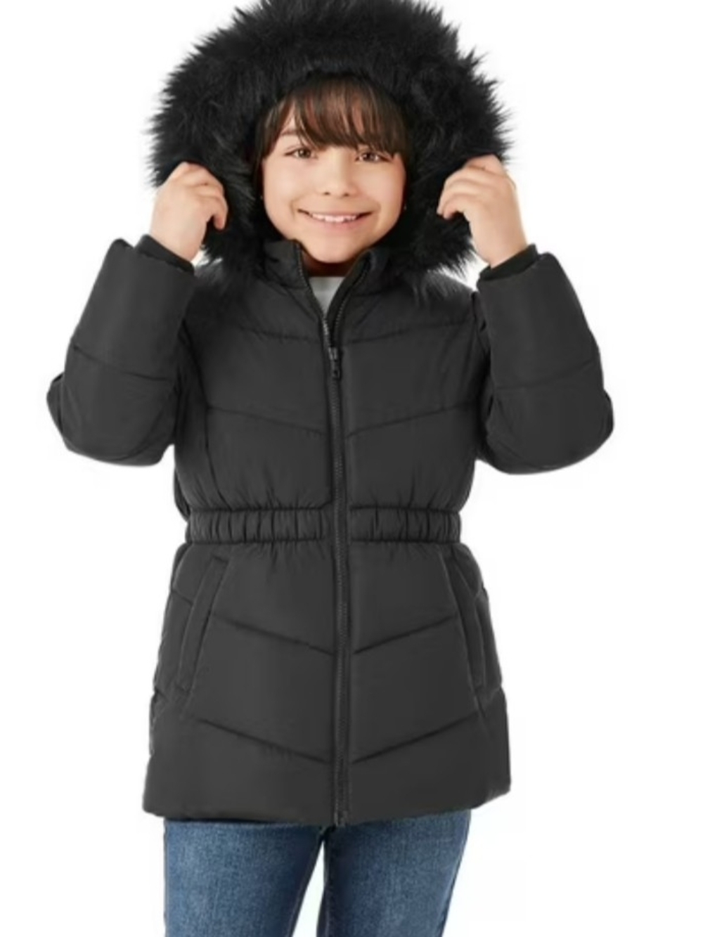 Member's Mark Kids Black Puffer Winter Coat with Faux Fur Hood
